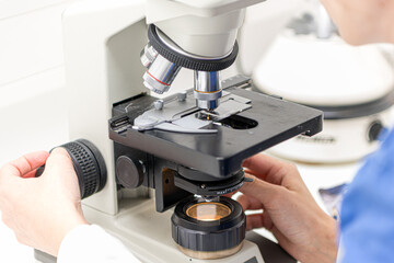 Vet puts a sample under the microscope and examines for pathogenic germs.