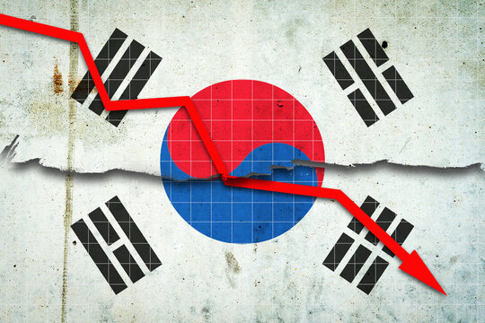 Fall of the Korean Economy. Recession graph with a red arrow on the Korea flag. Economic decline. Decline in the economy of stock trading. Downward trends in the economy.