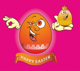 Happy Easter card with cute Egg cartoon character. Cute cartoon mascot character. Celebrating Christian holiday. Funny egg shaped emoji character.