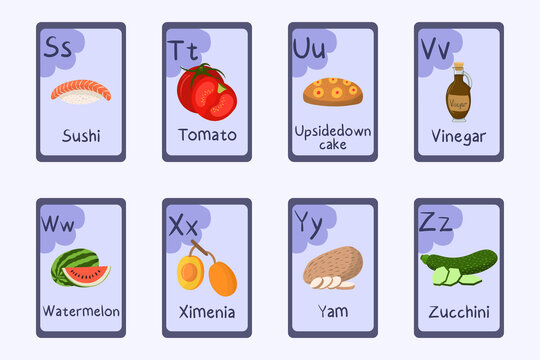 Colorful alphabet flashcard Letters S T U V W X Y Z - sushi tomato upside-down cake vinegar watermelon ximenia yam zucchini.