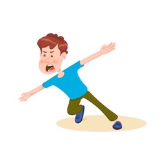 Boy with arms outstretched in different directions runs, flat style cartoon character.
