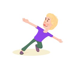 Boy with arms outstretched in different directions runs, flat style cartoon character.