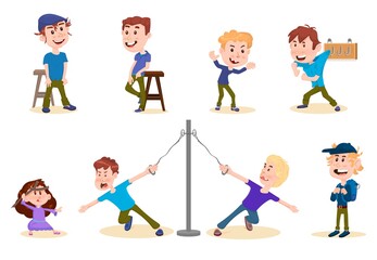 Group of boys in different poses, flat style, cartoon characters.