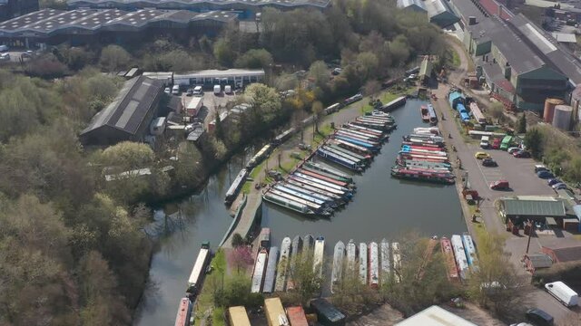 Aerial view of a British canal basin wharf in Birmingham