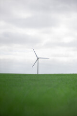 Wind turbine on the horizon with a green field in the foreground and a cloudy sky in background.