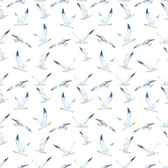 Beautiful vector seamless pattern with cute watercolor seagulls. Stock illustration.