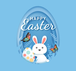 Easter day banners template rabbit with easter eggs paper cut shape background. Vector illustrations