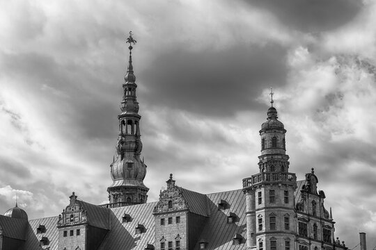 Helsingor. Denmark. 26 July. Towers of Kronborg Castle. Black and white photo. Denmark Landmarks Architecture.