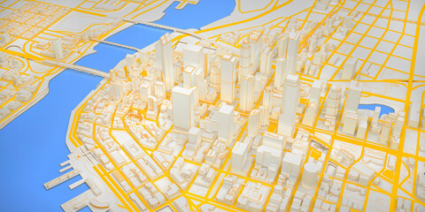 low poly modern downtown with river above view