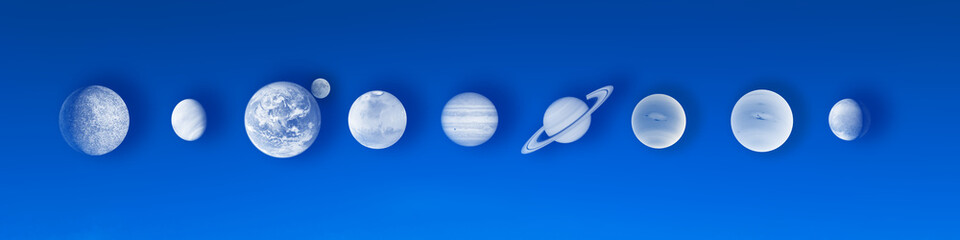 Übersicht Hintergrund Web Sonnensystem Planeten 3D blau weiß Panorama Wissenschaft Astronomie Sternenkunde Sterne hell leuchten Erde Erdball global horoskop grafik komplett design