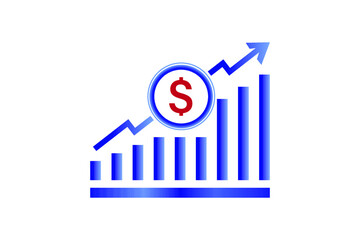 Vector illustration of dollar rate increase icon. Money symbol with stretching arrow up. Increase profit, salary, income, cost, price, economy and revenue. Icon for business concept.