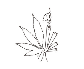Cannabis line art design. Continuous line drawing of marijuana leaf and cigarette.
