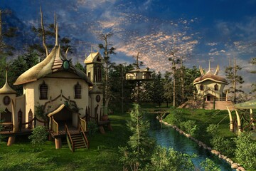 Beautiful fantasy landscape. Fairy houses surrounded by trees and green vegetation against the blue sky. Fabulous 3D illustration. - obrazy, fototapety, plakaty