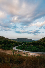 beautiful blue sky lake view high peak jungle mountains green river forest at Kaeng Krachan dam National Park, Phetchaburi, Thailand.