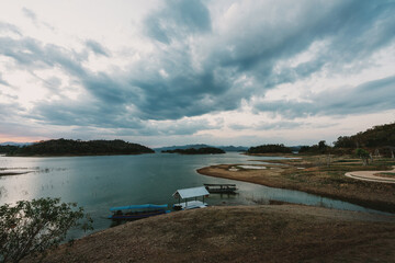 beautiful blue sky lake view high peak jungle mountains green river forest at Kaeng Krachan dam National Park, Phetchaburi, Thailand.