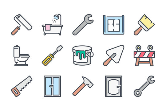 Renovation and home repair color line icon set. Building tools and equipment linear icons. Construction site and house improvement colorful outline vector sign collection.