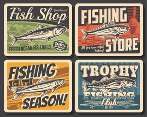 Fototapeta premium Fishing sport club retro posters with vector ocean fish, fishing rod, boat and fisherman tackle. Salmon, bass, catfish and anchovy, spinning rods, hooks, ship and float with water waves
