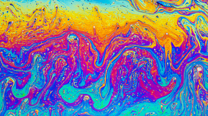 Fluid soap bubble psychedelic colorful abstract art. Surreal patterns with rainbows and waves of color in motion. - obrazy, fototapety, plakaty