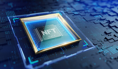 NFT nonfungible tokens concept - NFT word in picture frame on abstract technology background. 3d rendering - obrazy, fototapety, plakaty