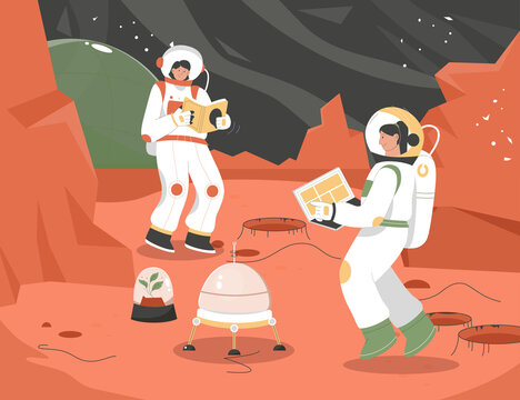 Colonization mission of Mars scene. Female astronauts doing research
