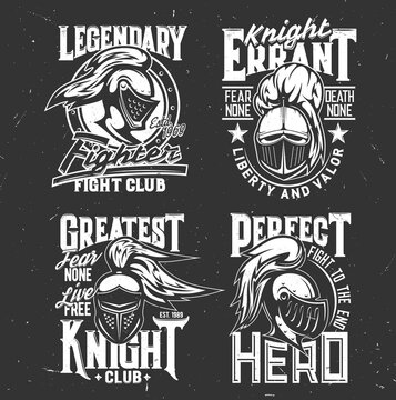Tshirt prints with knight heads, vector mascots for fight club apparel design. Medieval soldiers, warriors helmet with plumage and visor front and side view. T shirt prints or emblems with typography