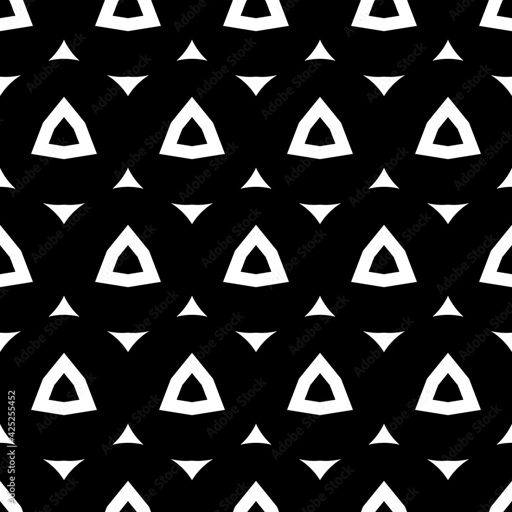 Poster White Triangles And Black Background. Seamless Pattern Big And Small Triangles. Vector.