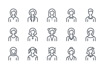 Woman face avatar line icon set. Different female profile pictures linear icons. Portrait of girls and women with hair and clothing variations outline vector sign collection.