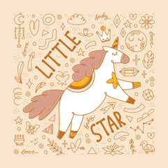 Unicorn Template Poster, Card, Flyer. Little star lettering. Cute cartoon vector illustration. Birthday baby shower party Invitation