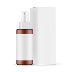 Plastic Frosted Amber Spray Bottle Mockup with Blank Label, Cardboard Box Side View, Isolated on White Background. Vector Illustration