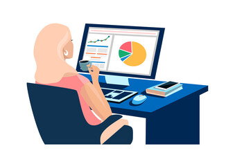 The girl sits in a chair at the table in front of the computer and drinks coffee. Coffee time vector illustration in simple modern style isolated on white background