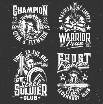 Gladiator warriors with sword tshirt print, vector mascots for fighter or fitness club Apparel design. Roman or greek knights in helmet with plumage, shield or cape. T shirt prints with typography set