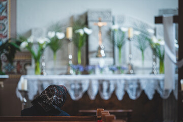 Catholic cathedral, Easter celebration with decorations and priests