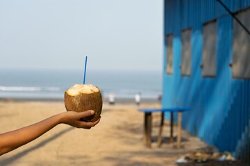 A picture of a hand of a woman holding a coconut with a straw in it at beach in the morning. Drinking fresh coconut water is considered healthy superfood, detox consumed after workout, in summer, hot.