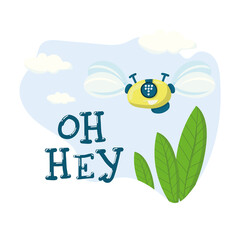 Vector robot in flat style isolated on white background. Lettering OH HEY