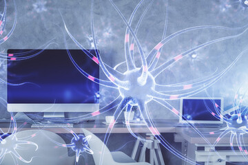Double exposure of neuron drawing and office interior background. Concept of education.