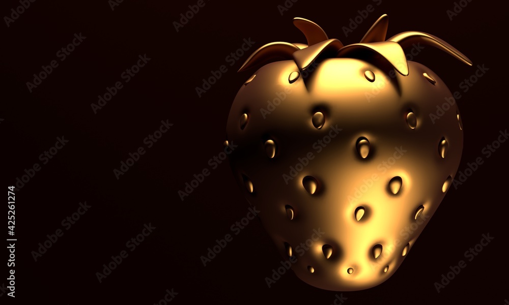 Poster golden strawberry on dark background with space for text. 3d rendering