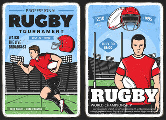 Rugby tournament, American football sport posters, vector vintage. Rugby football league, varsity and college team championship, live broadcast, rugby player captain of half-back with ball - obrazy, fototapety, plakaty