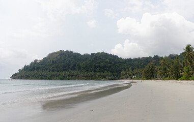 People sunbathe and swim at the beach paradise of coconut island