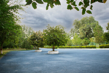 Summer Empty parking lot with blue road trees and cloudy sky