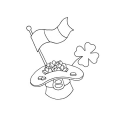 Hat with coins. Flag. Clover. Vector. Vector illustration. Stock vector. Outline drawing.