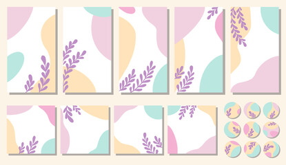 Editable set pastel colors with template for Instagram posts, story and photos. Abstract stains in mid century style with branches in square and round shapes on a white background. Vector illustrat