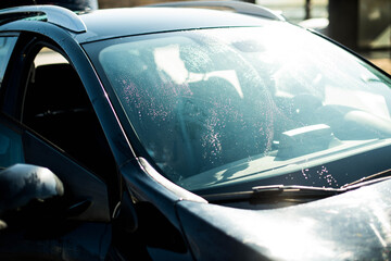 Obraz premium Gentle Car Washing. Modern Compact Car Covered by Water. Dark Blue Color Grading.