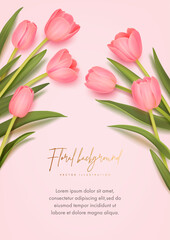 Floral background with realistic pink tulips. Spring banner, poster, flyer or greeting card design template. Vector illustration