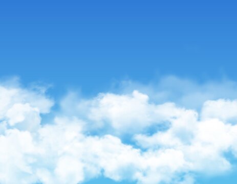 Sky and clouds, blue realistic background, vector cloudy summer heaven. White light clouds in sky, sunny day weather and air fluffy with fluffy clouds, spring in nature and clean environment backdrop