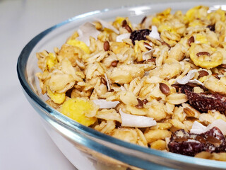 breakfast cereals in a bowl on a white background