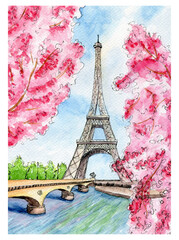 watercolor hand drawn picture of paris landscape