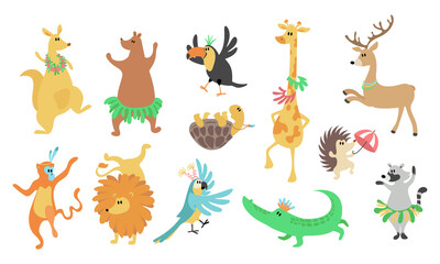 Naklejka premium Animals set, summer, dance, vector flat illustration