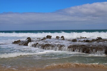 Rocky Eagle Beach at dusk, Fuerteventura Island, Spain. 