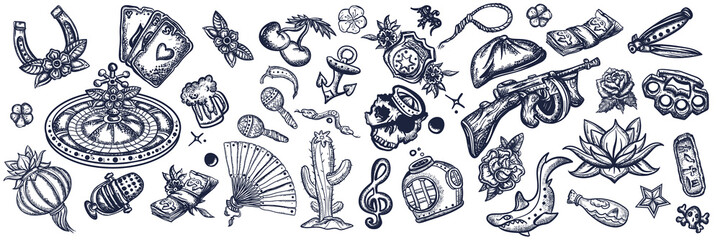 Tattoo elements collection. Big set for design. Old school tattooing, pop culture style