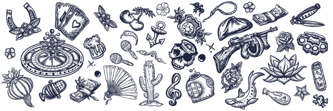 Tattoo elements collection. Big set for design. Old school tattooing, pop culture style